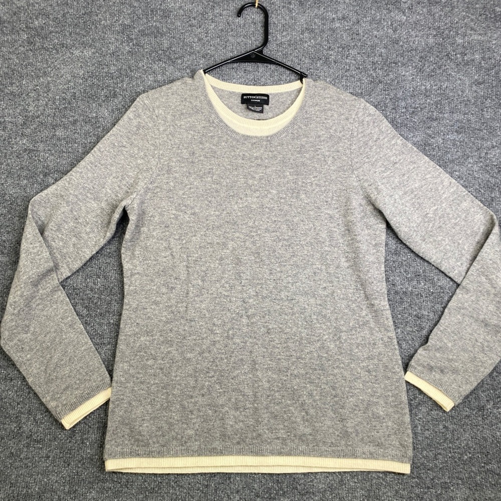 Sutton Studio Cashmere Sweater Womens Large Gray Cream Trim Crew Neck Pullover